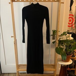 Zara Black Open Back Mock Neck Long Sleeve Maxi Dress S